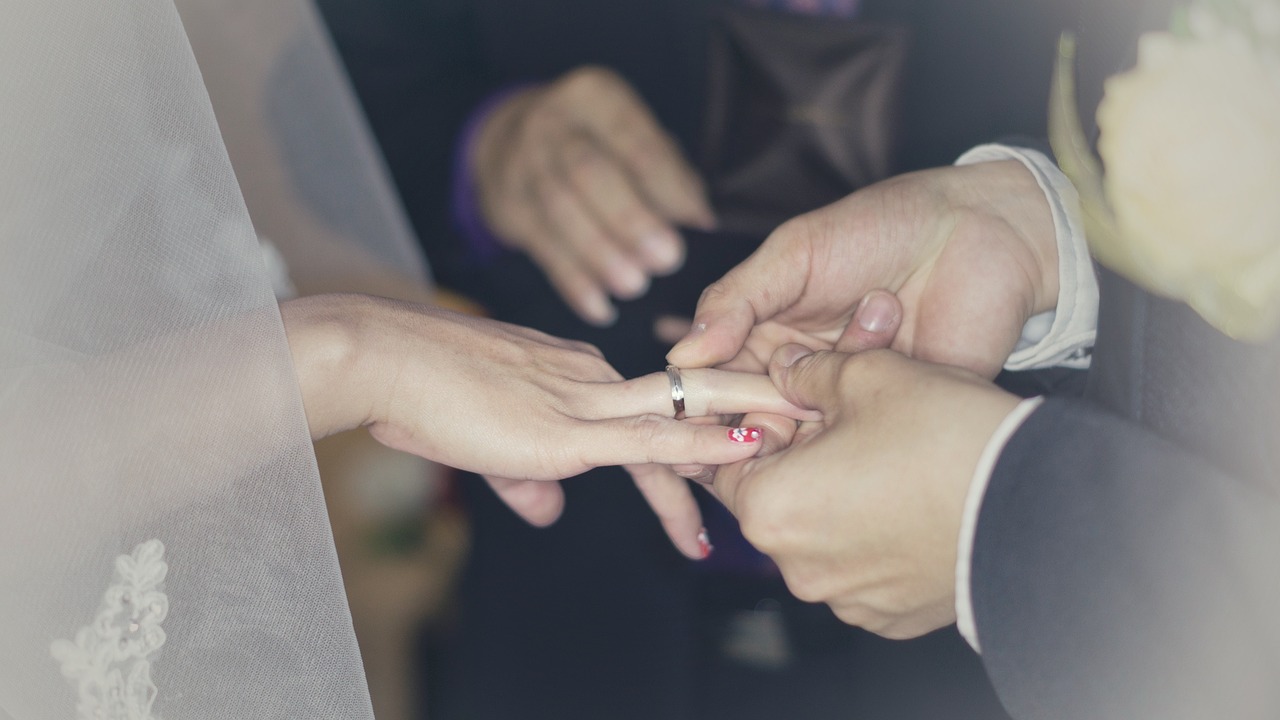 Groom putting ring on bride's finger.